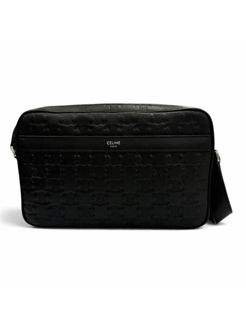 Celine Leather Triomphe Medium Messenger Shoulder Bag Black Silver